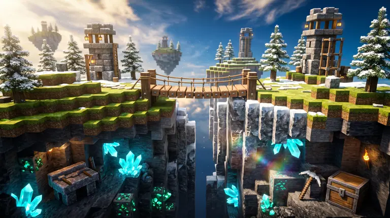 CubeRealm.io-pelin kuutiomaailma, jossa auringon valaisemat taivassaaret yhdistyvät syvään maanalaiseen kristalliluolaan.