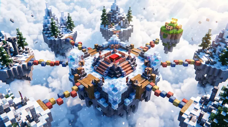 MineFun.io-pelin taivassaariareena, jossa kuutiosillat yhdistävät suojatun vuodealttarin, parkour-askelmat ja yksittäisen One Block -korokkeen.